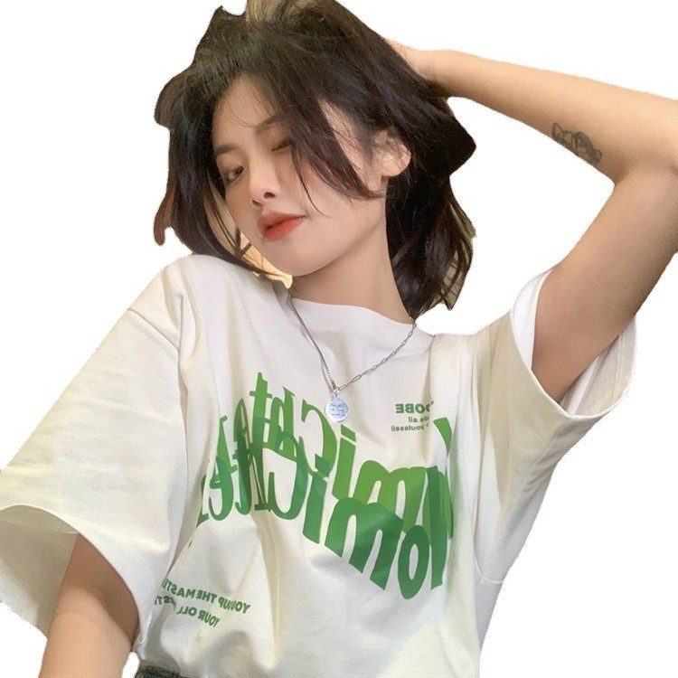 Dámske bavlnené tričko s potlačou písmen, voľný strih, krátke rukávy, japonsko-kórejský štýl