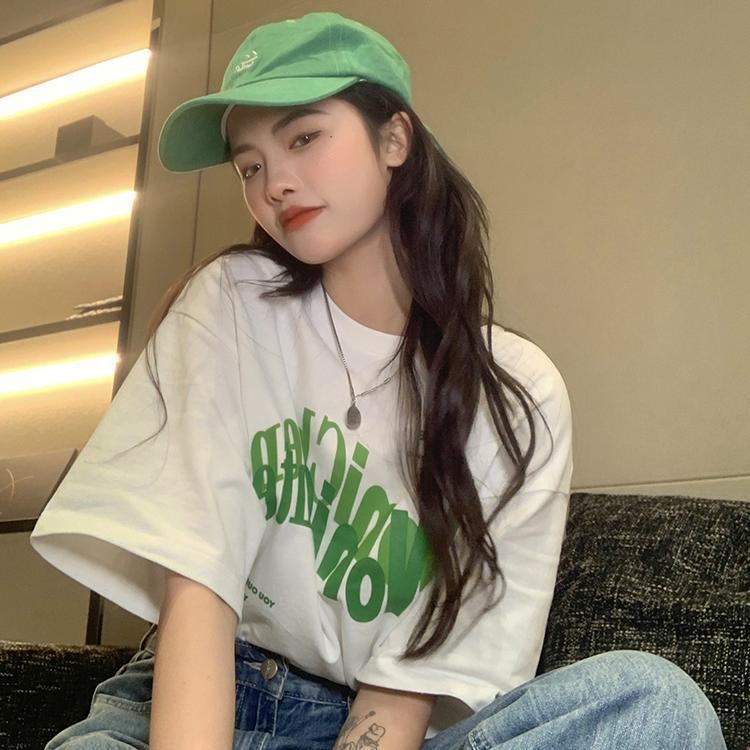 Dámske bavlnené tričko s potlačou písmen, voľný strih, krátke rukávy, japonsko-kórejský štýl