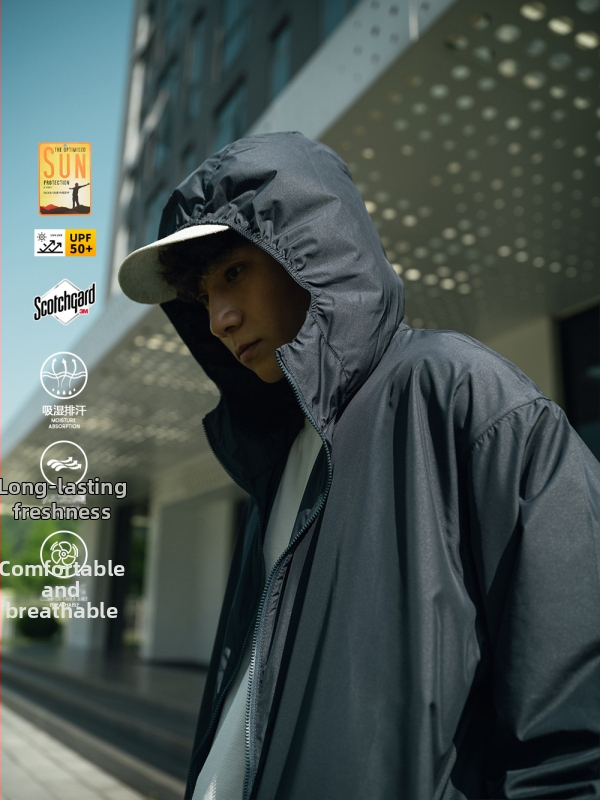 Vasaras jaka ar kapuci – japāņu retro stils, UPF50+ saules aizsardzība, viegls poliesters, daudz kabatu, rāvējslēdzējs