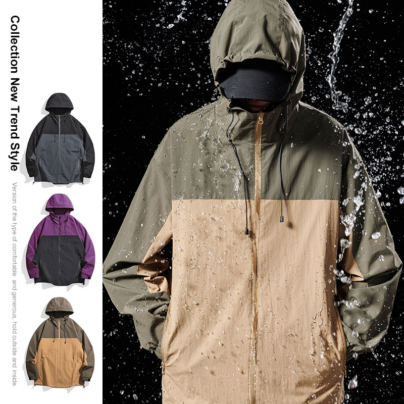 Meeste kapuutsiga jakk kevadeks, polüester, pikkade varrukatega