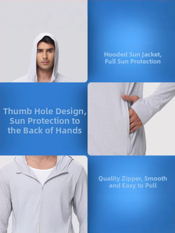 Vyrų vasarinė UV apsauga su gobtuvu, lengvas vėjo švarkas, plonas nailono mišinys, 90% poliesterio / 10% spandekso, šoninės kišenės, užtrauktukas, SPF 50+