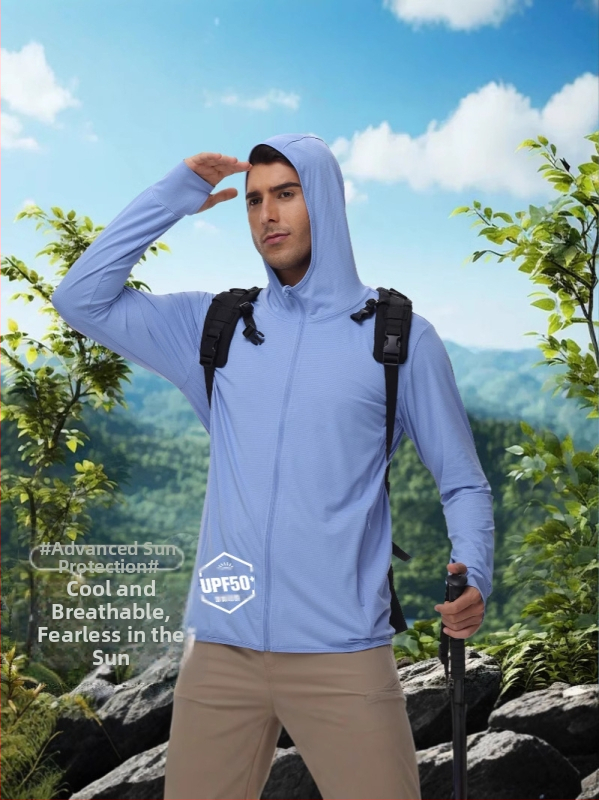 Vyrų vasarinė UV apsauga su gobtuvu, lengvas vėjo švarkas, plonas nailono mišinys, 90% poliesterio / 10% spandekso, šoninės kišenės, užtrauktukas, SPF 50+