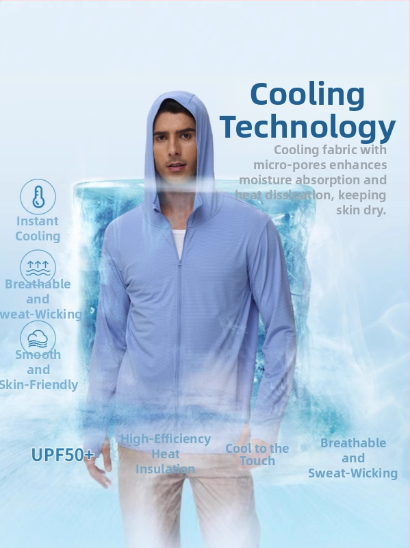 Vīriešu vasaras UV aizsardzības vēja jaka ar kapuci, plāns neilona maisījums, 90% poliesteru / 10% spandekss, sānu kabatas, rāvējslēdzējs, SPF 50+