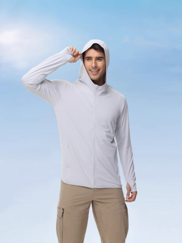 Muška ljetna windbreaker jakna s UV zaštitom i kapuljačom, tanak najlonski blend, 90% poliestera / 10% spandeksa, bočne džepove, zatvarač, SPF 50+