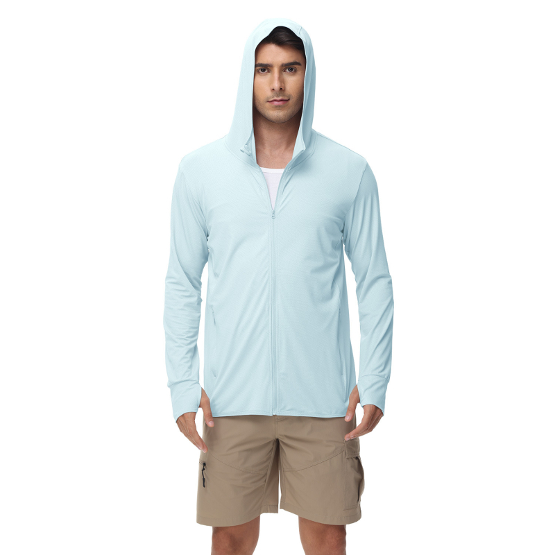 Muška ljetna windbreaker jakna s UV zaštitom i kapuljačom, tanak najlonski blend, 90% poliestera / 10% spandeksa, bočne džepove, zatvarač, SPF 50+