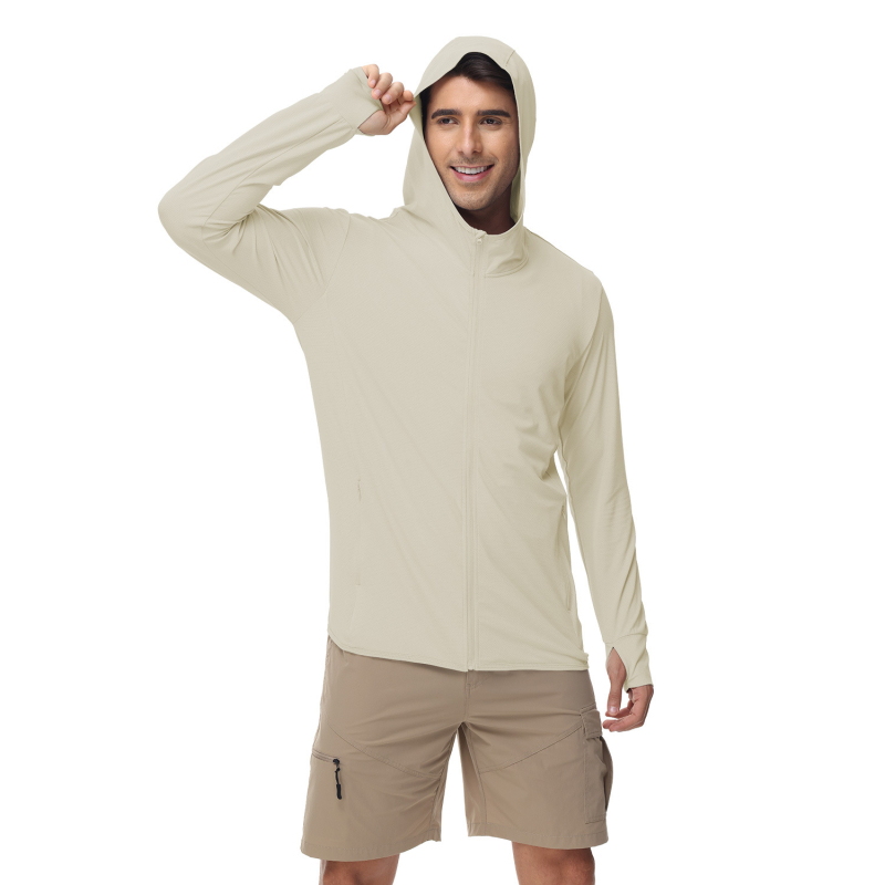 Muška ljetna windbreaker jakna s UV zaštitom i kapuljačom, tanak najlonski blend, 90% poliestera / 10% spandeksa, bočne džepove, zatvarač, SPF 50+