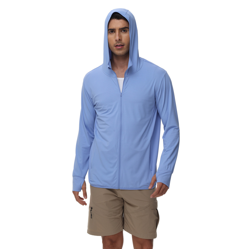 Muška ljetna windbreaker jakna s UV zaštitom i kapuljačom, tanak najlonski blend, 90% poliestera / 10% spandeksa, bočne džepove, zatvarač, SPF 50+