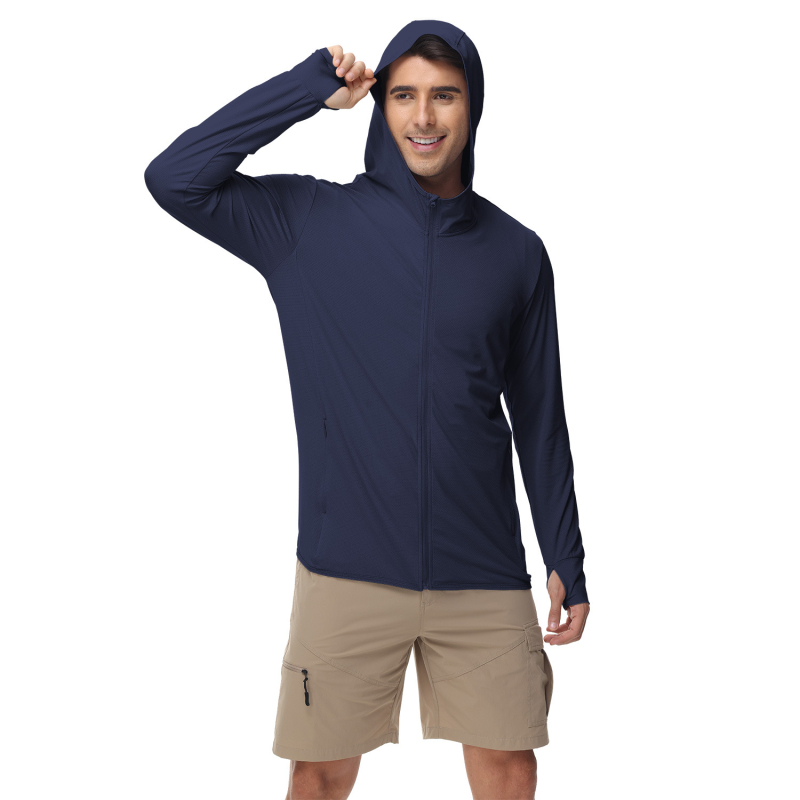 Muška ljetna windbreaker jakna s UV zaštitom i kapuljačom, tanak najlonski blend, 90% poliestera / 10% spandeksa, bočne džepove, zatvarač, SPF 50+
