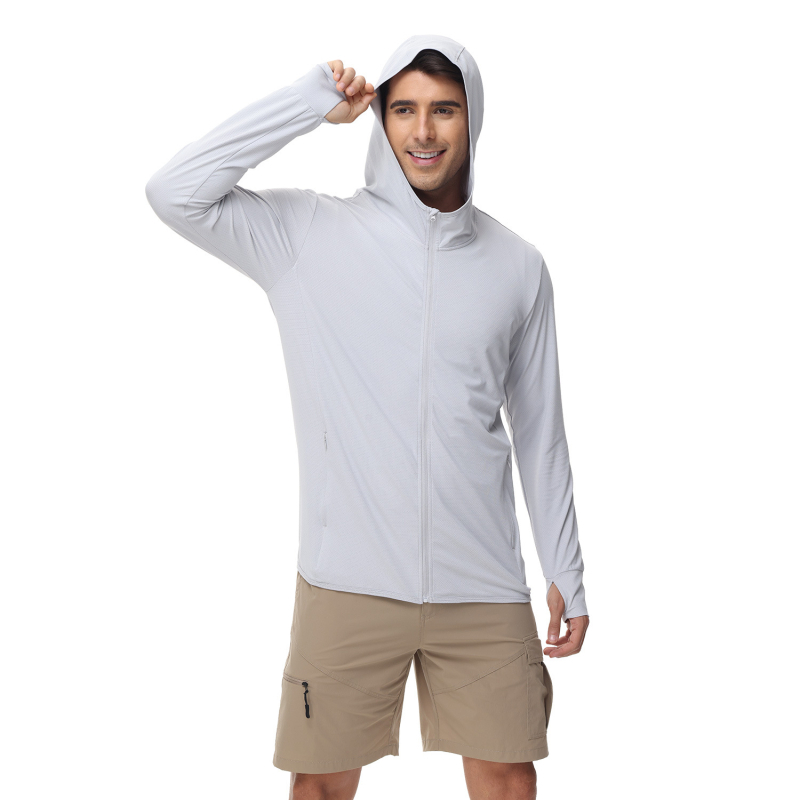 Muška ljetna windbreaker jakna s UV zaštitom i kapuljačom, tanak najlonski blend, 90% poliestera / 10% spandeksa, bočne džepove, zatvarač, SPF 50+