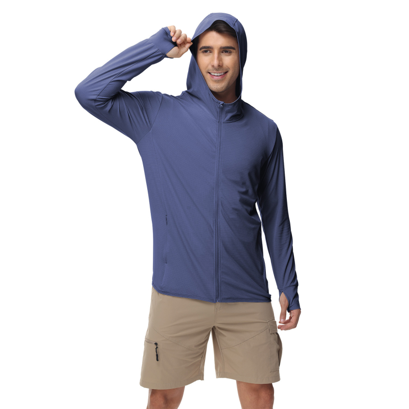 Muška ljetna windbreaker jakna s UV zaštitom i kapuljačom, tanak najlonski blend, 90% poliestera / 10% spandeksa, bočne džepove, zatvarač, SPF 50+