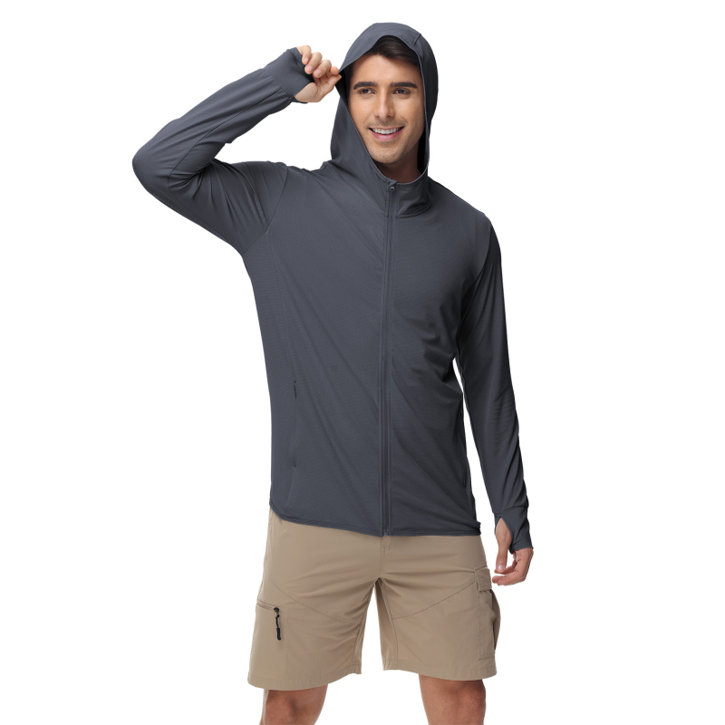 Muška ljetna windbreaker jakna s UV zaštitom i kapuljačom, tanak najlonski blend, 90% poliestera / 10% spandeksa, bočne džepove, zatvarač, SPF 50+