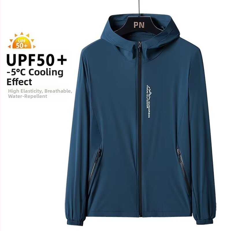 Kapuutsiga jakk – õhuke, 100% polüester, loodusvaate trükk, UV-kaitse 50%