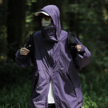 Ανδρικό μπουφάν με κουκούλα για προστασία από τον ήλιο, εξωτερικός ορεινός στυλ, πολυεστερικό ύφασμα, φερμουάρ, τρισδιάστατες τσέπες