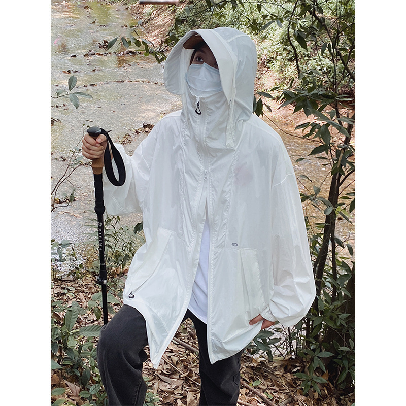 Ανδρικό μπουφάν με κουκούλα για προστασία από τον ήλιο, εξωτερικός ορεινός στυλ, πολυεστερικό ύφασμα, φερμουάρ, τρισδιάστατες τσέπες