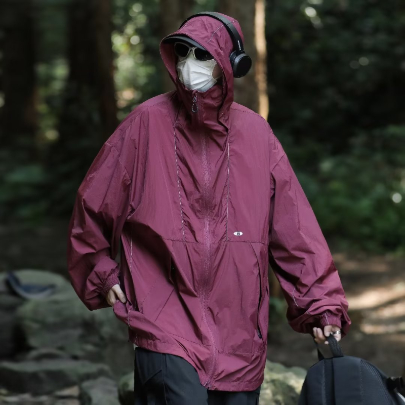 Ανδρικό μπουφάν με κουκούλα για προστασία από τον ήλιο, εξωτερικός ορεινός στυλ, πολυεστερικό ύφασμα, φερμουάρ, τρισδιάστατες τσέπες