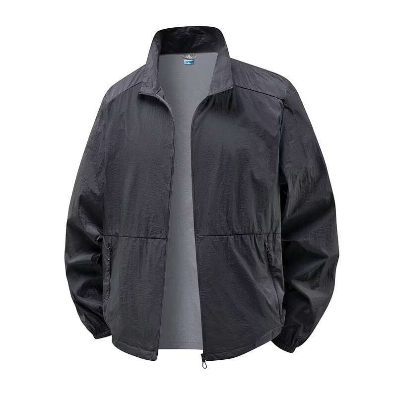 Meeste UV-kaitse jope, õhuke ja kerge, polüesteri segu, kõrge krae, tõmblukk ees, õhku läbilaskev, vaba lõige, suvi 2025