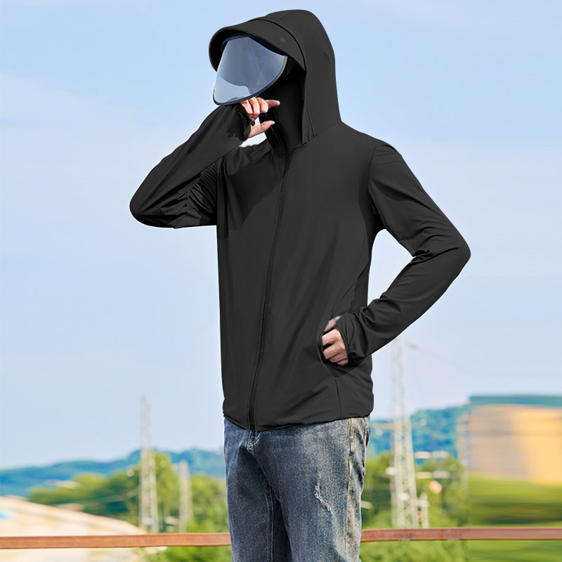 Ανδρικό πουκάμισο με κουκούλα UV προστασίας από Ice Silk – λεπτό, διαπνέον για καλοκαίρι, UPF50+, 95% πολυεστέρας, φερμουάρ