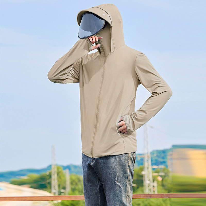 Ανδρικό πουκάμισο με κουκούλα UV προστασίας από Ice Silk – λεπτό, διαπνέον για καλοκαίρι, UPF50+, 95% πολυεστέρας, φερμουάρ