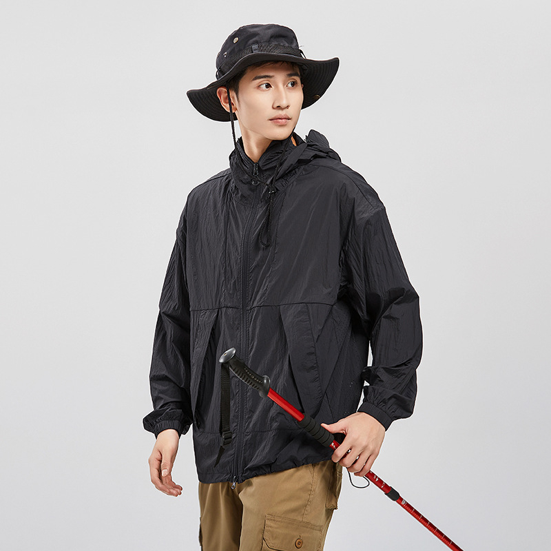 Ζακέτα με κουκούλα για προστασία από τον ήλιο για νέους, ελαφριά μίξη ινών νάιλον, UPF50+, τσέπες με φερμουάρ