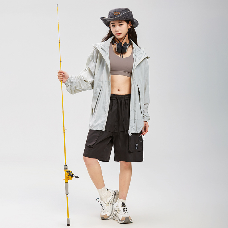 Ζακέτα με κουκούλα για προστασία από τον ήλιο για νέους, ελαφριά μίξη ινών νάιλον, UPF50+, τσέπες με φερμουάρ