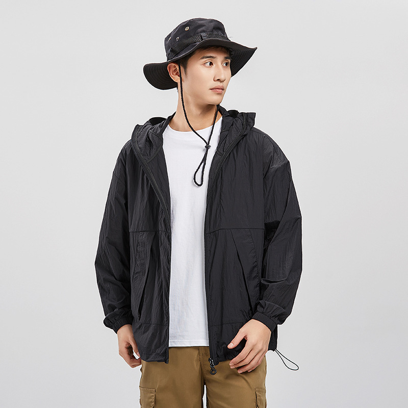 Ζακέτα με κουκούλα για προστασία από τον ήλιο για νέους, ελαφριά μίξη ινών νάιλον, UPF50+, τσέπες με φερμουάρ