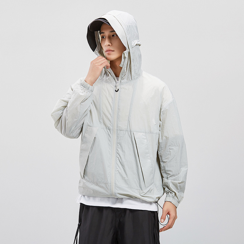 Ζακέτα με κουκούλα για προστασία από τον ήλιο για νέους, ελαφριά μίξη ινών νάιλον, UPF50+, τσέπες με φερμουάρ