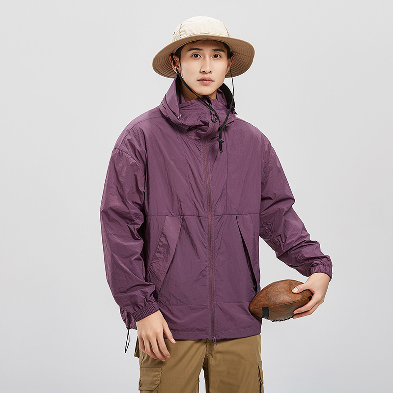 Ζακέτα με κουκούλα για προστασία από τον ήλιο για νέους, ελαφριά μίξη ινών νάιλον, UPF50+, τσέπες με φερμουάρ