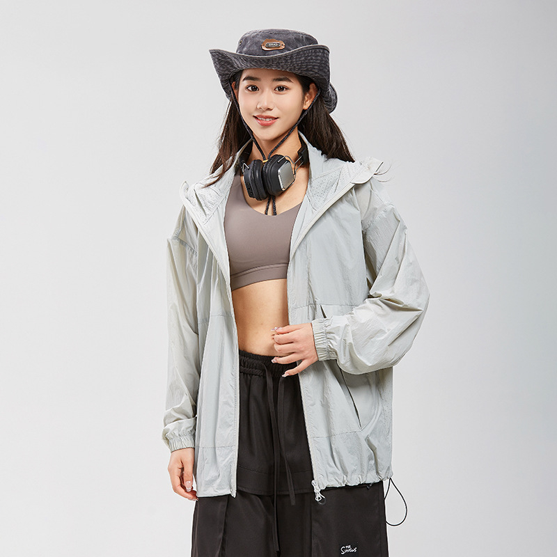 Ζακέτα με κουκούλα για προστασία από τον ήλιο για νέους, ελαφριά μίξη ινών νάιλον, UPF50+, τσέπες με φερμουάρ