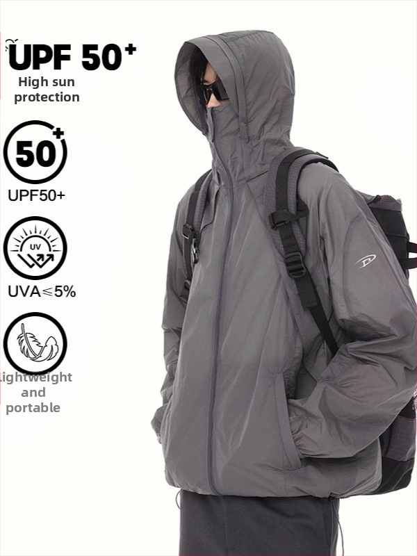 Päikesekaitsejakk, polüesteri kangas, 100% peamine kangas, tõmblukk, külgkoti, suvi