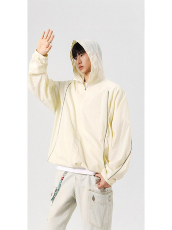 Ζακέτα προστασίας από τον ήλιο με κουκούλα UPF50+, patchwork με ανακλαστικές λωρίδες, ελαφρύς και διαπνέων νάιλον, σε χαλαρή γραμμή