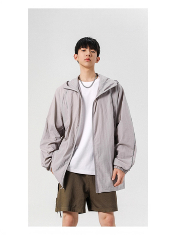 Ζακέτα προστασίας από τον ήλιο με κουκούλα UPF50+, patchwork με ανακλαστικές λωρίδες, ελαφρύς και διαπνέων νάιλον, σε χαλαρή γραμμή