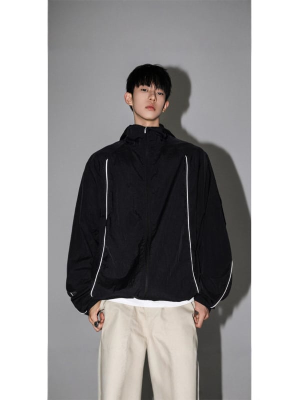 Ζακέτα προστασίας από τον ήλιο με κουκούλα UPF50+, patchwork με ανακλαστικές λωρίδες, ελαφρύς και διαπνέων νάιλον, σε χαλαρή γραμμή