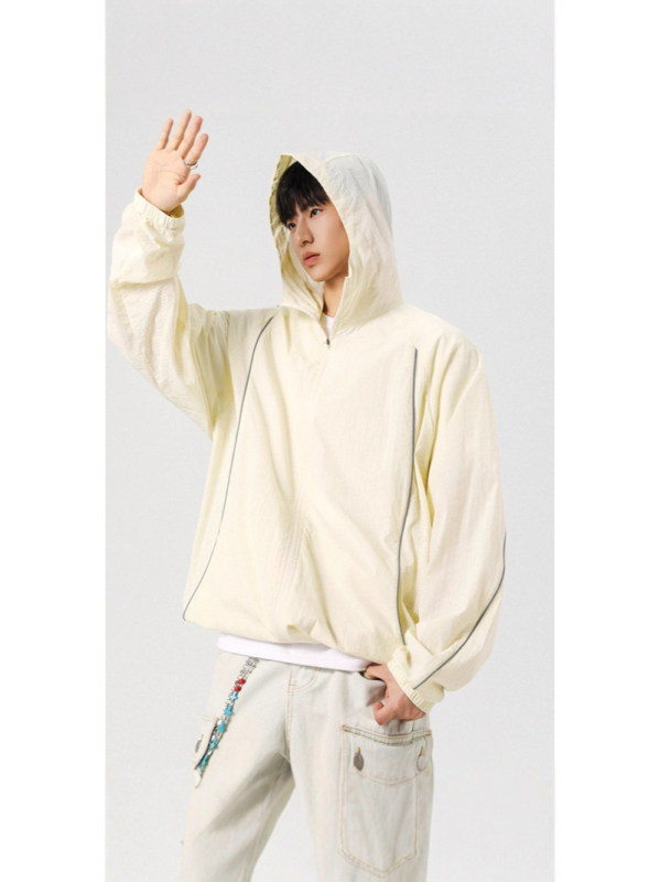 Ζακέτα προστασίας από τον ήλιο με κουκούλα UPF50+, patchwork με ανακλαστικές λωρίδες, ελαφρύς και διαπνέων νάιλον, σε χαλαρή γραμμή