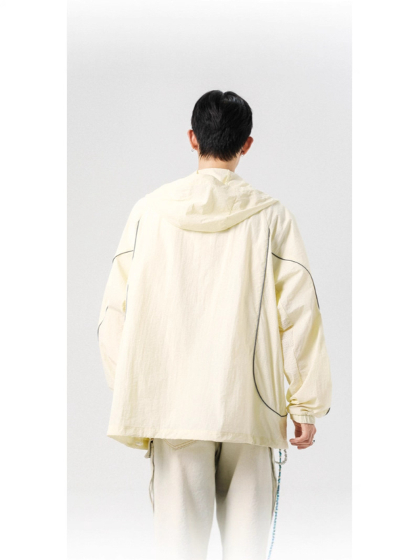 Ζακέτα προστασίας από τον ήλιο με κουκούλα UPF50+, patchwork με ανακλαστικές λωρίδες, ελαφρύς και διαπνέων νάιλον, σε χαλαρή γραμμή