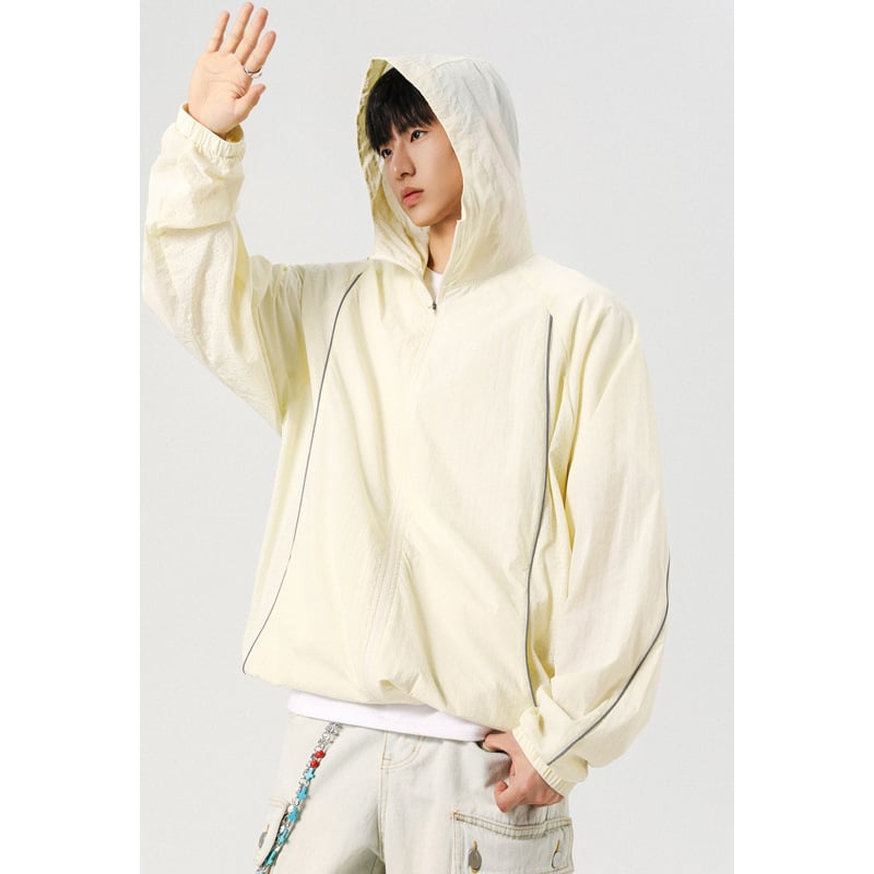 Ζακέτα προστασίας από τον ήλιο με κουκούλα UPF50+, patchwork με ανακλαστικές λωρίδες, ελαφρύς και διαπνέων νάιλον, σε χαλαρή γραμμή