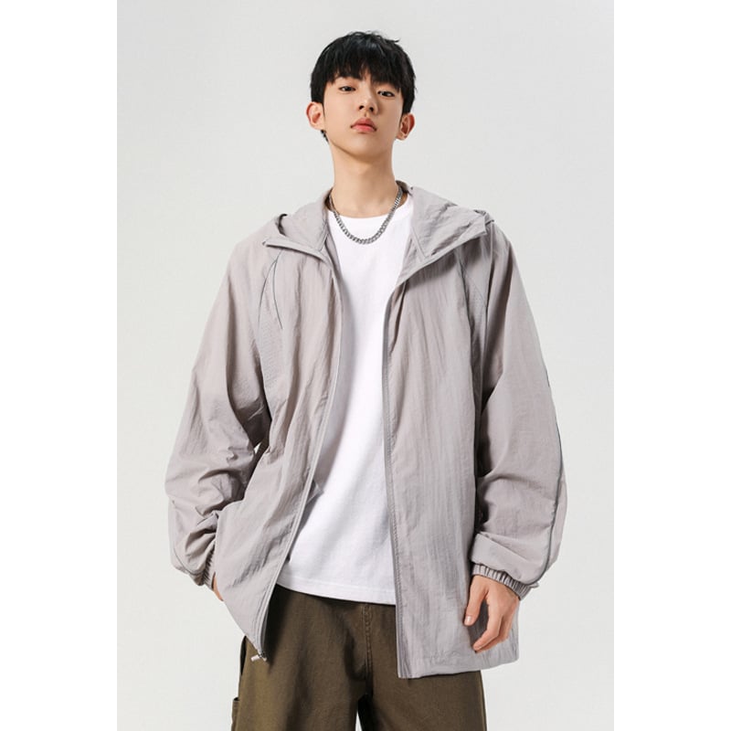 Ζακέτα προστασίας από τον ήλιο με κουκούλα UPF50+, patchwork με ανακλαστικές λωρίδες, ελαφρύς και διαπνέων νάιλον, σε χαλαρή γραμμή