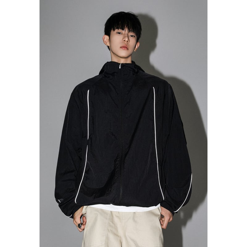 Ζακέτα προστασίας από τον ήλιο με κουκούλα UPF50+, patchwork με ανακλαστικές λωρίδες, ελαφρύς και διαπνέων νάιλον, σε χαλαρή γραμμή