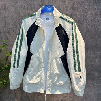 Kerge stand-up kraega jakk, Hongkongi stiilis, geomeetrilise blokmustriga, eest tõmblukk, külgtaskud