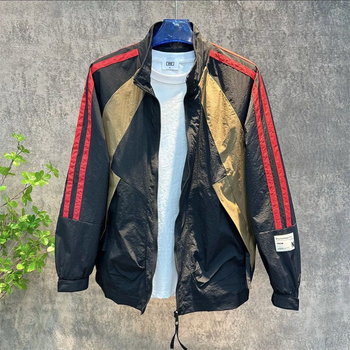 Kerge stand-up kraega jakk, Hongkongi stiilis, geomeetrilise blokmustriga, eest tõmblukk, külgtaskud