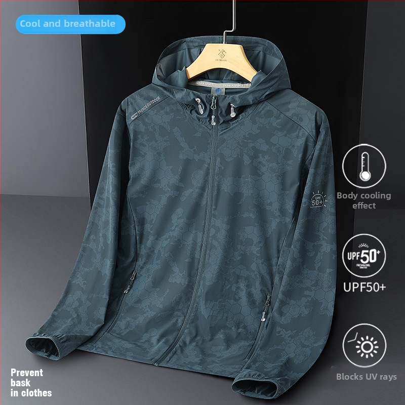 Μπουφάν με κουκούλα για προστασία από τον ήλιο από ice silk, ελαφρύ καλοκαίρι 2025, διαπνέον, αφηρημένο μοτίβο, τσέπες με φερμουάρ, χαλαρή γραμμή σε κορεατικό στυλ