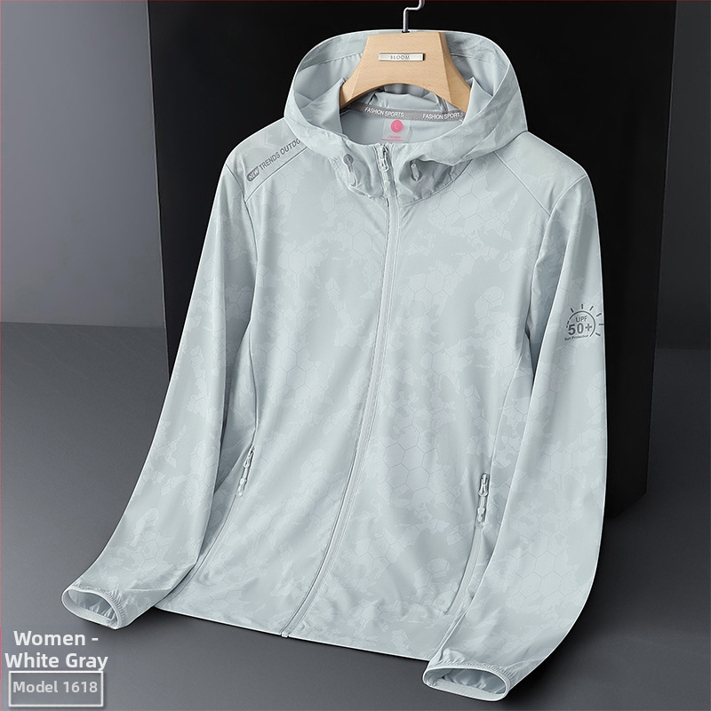 Μπουφάν με κουκούλα για προστασία από τον ήλιο από ice silk, ελαφρύ καλοκαίρι 2025, διαπνέον, αφηρημένο μοτίβο, τσέπες με φερμουάρ, χαλαρή γραμμή σε κορεατικό στυλ