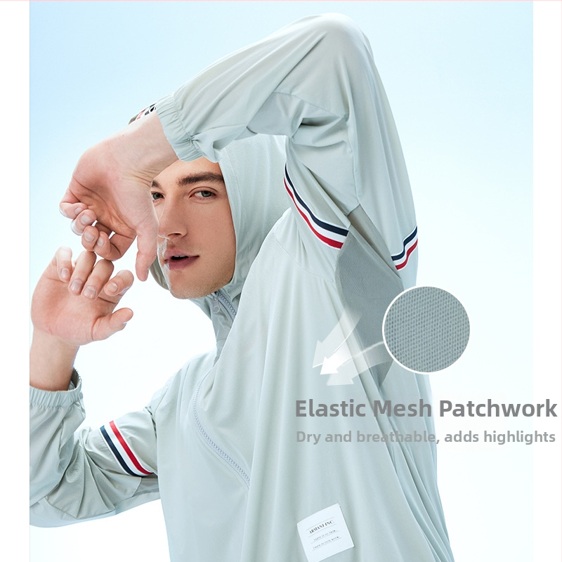 Kerge kapuutsiga päikesekaitsejope nailonist, võrgustiku õmbluspaneelidega, UPF30+, vaba lõige