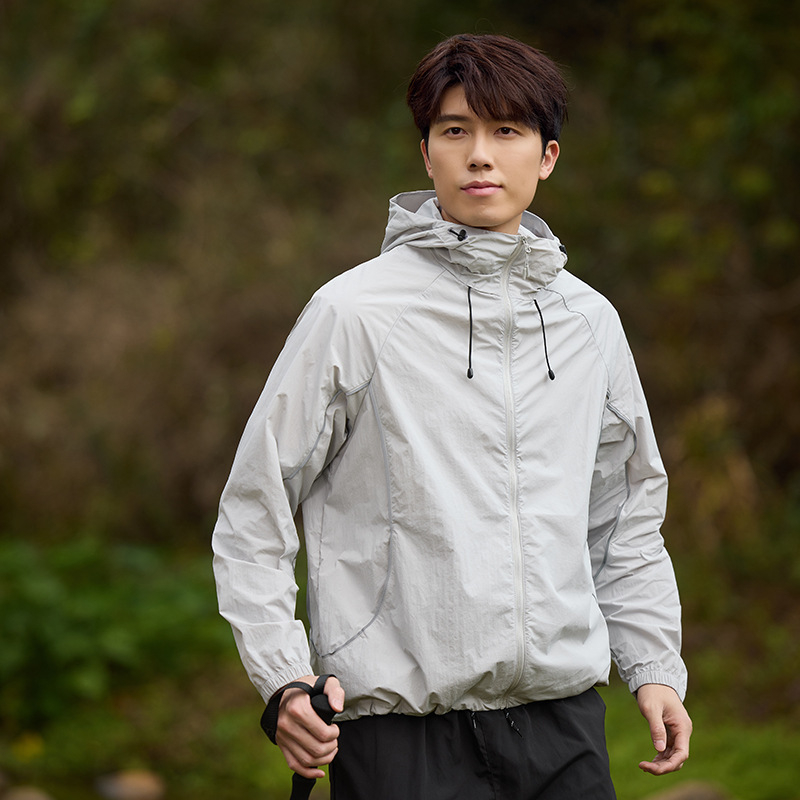 Παλτό με κουκούλα για UV προστασία, λεπτό νάιλον, διαπνοή, UPF50+, καλοκαίρι 2025, εφαρμοστό αθλητικό ύφος με τσέπες με φερμουάρ, για εφήβους