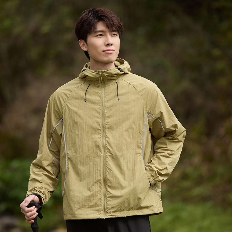Παλτό με κουκούλα για UV προστασία, λεπτό νάιλον, διαπνοή, UPF50+, καλοκαίρι 2025, εφαρμοστό αθλητικό ύφος με τσέπες με φερμουάρ, για εφήβους