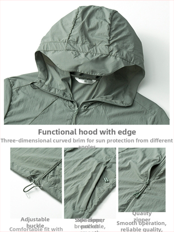Unisex kapucňová bunda proti slnečnému UV svetlu, tenká letná priedušná nylonová látka, 100% nylon, UPF50+, vrecká na zips