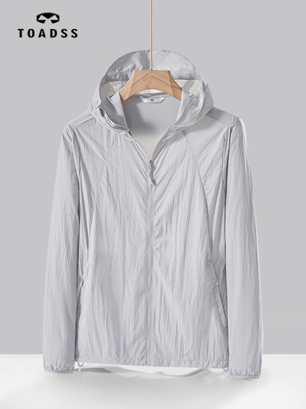 Unisex kapucňová bunda proti slnečnému UV svetlu, tenká letná priedušná nylonová látka, 100% nylon, UPF50+, vrecká na zips