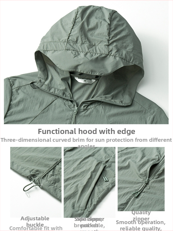 Unisex kapucňová bunda proti slnečnému UV svetlu, tenká letná priedušná nylonová látka, 100% nylon, UPF50+, vrecká na zips