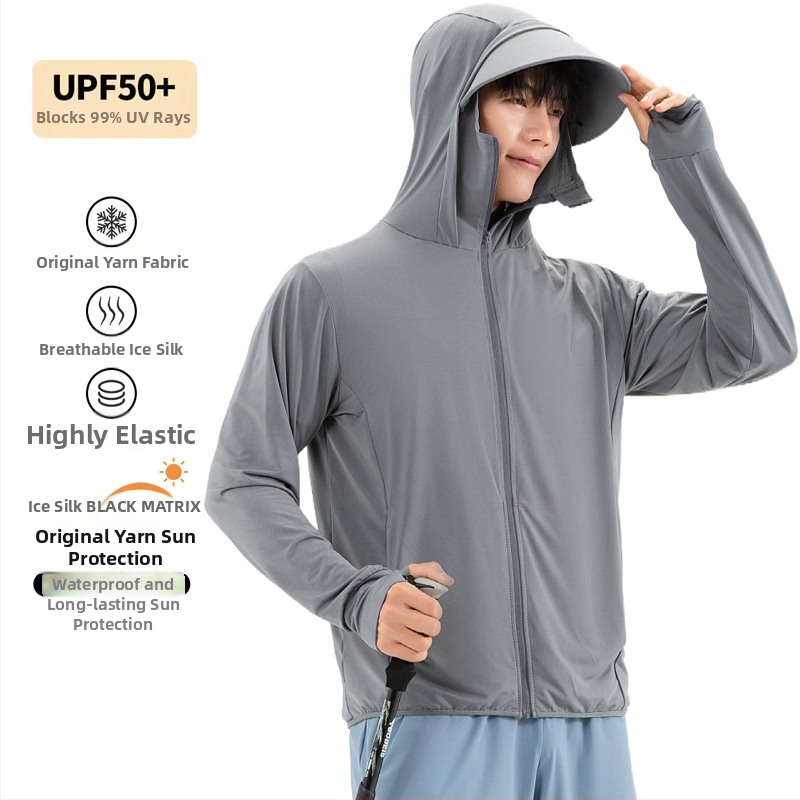 Meeste päikesekaitsekapuutsiga jakk, õhuke Ice Silk kangas, hingav UPF50+, 95% polüester