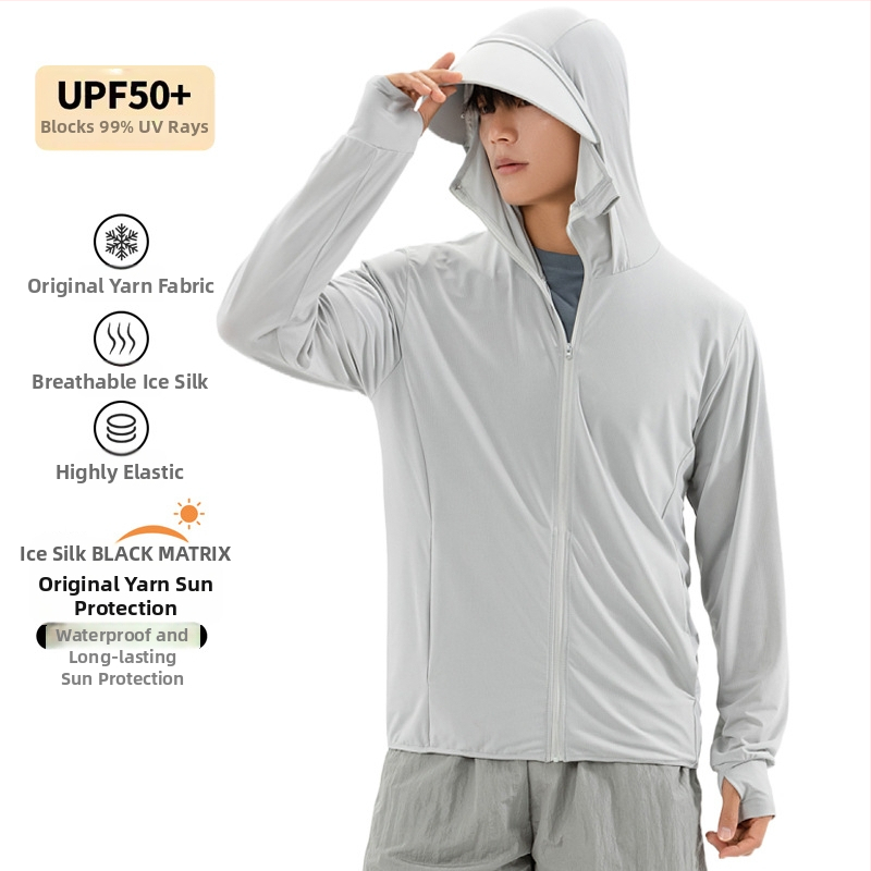 Meeste päikesekaitsekapuutsiga jakk, õhuke Ice Silk kangas, hingav UPF50+, 95% polüester