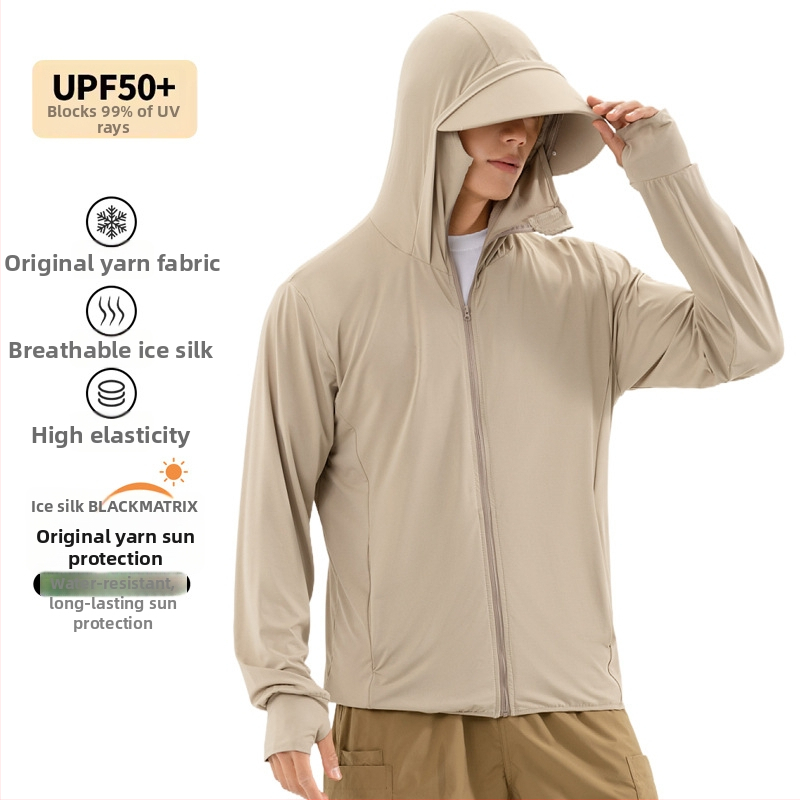 Meeste päikesekaitsekapuutsiga jakk, õhuke Ice Silk kangas, hingav UPF50+, 95% polüester